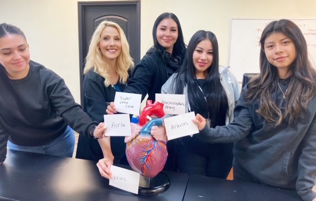 Advanced esthetician students in Bakersfield pose with a 3D model of the heart borrowed from the massage therapy program.