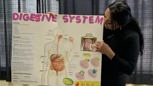 Milan Institute Bakersfield student poses with an educational poster on the digestive system